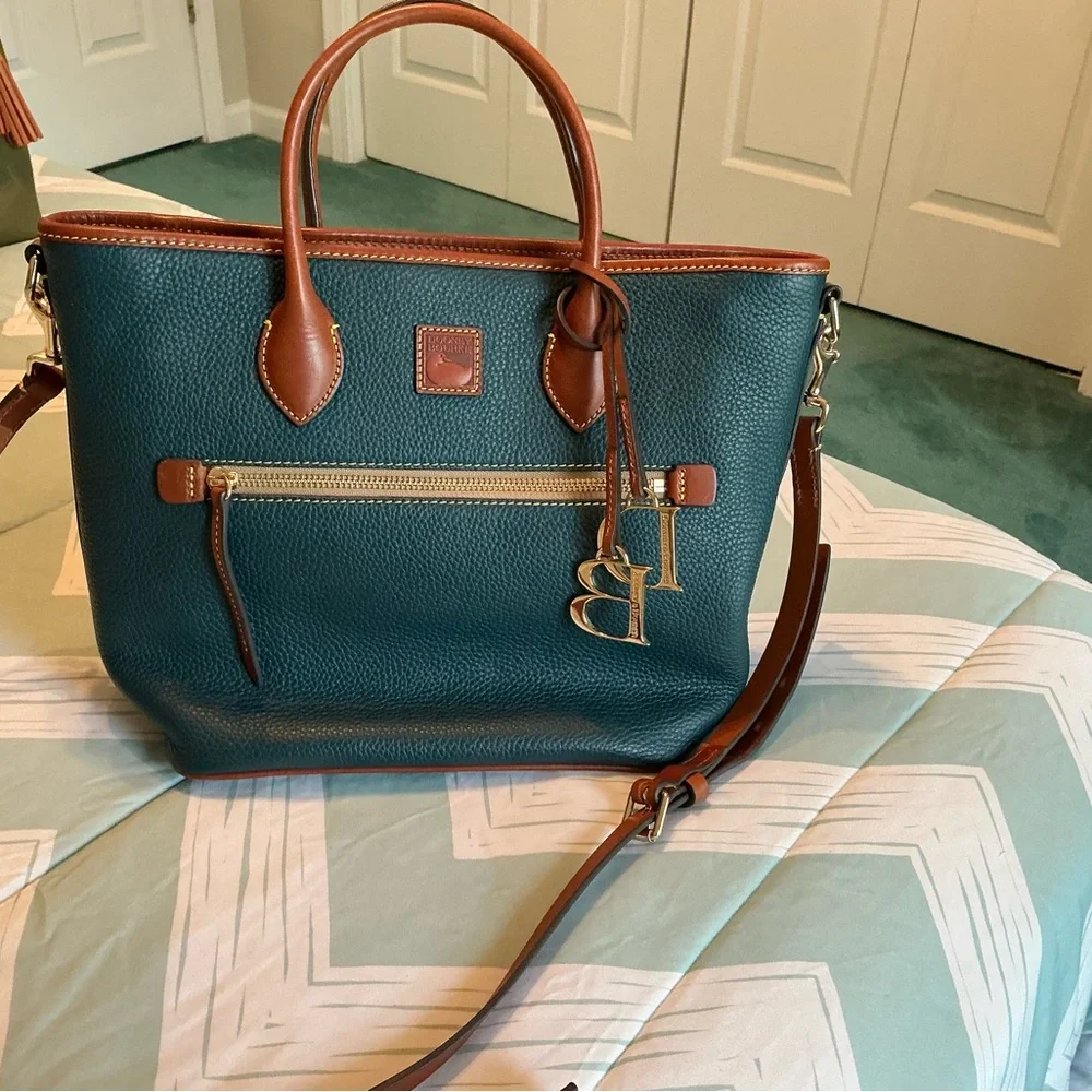 Dooney & Bourke Teal and Tan Leather Tote - Picture 2 of 7